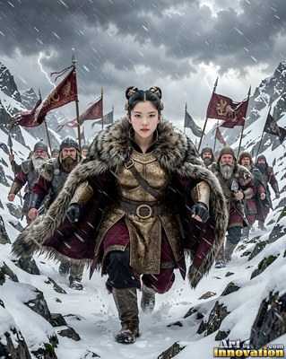 Wearing a fur cloak and gold armor, a woman marches through snow with warriors