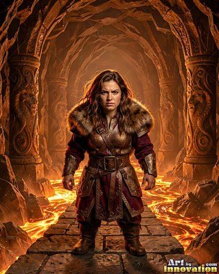 A woman stands on a stone path as orange lava shines between carved pillars