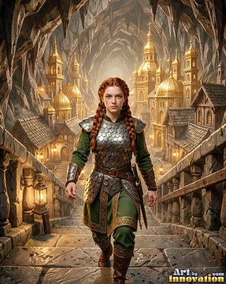Walking forward in scale armor, a red-haired woman leaves an underground stone city