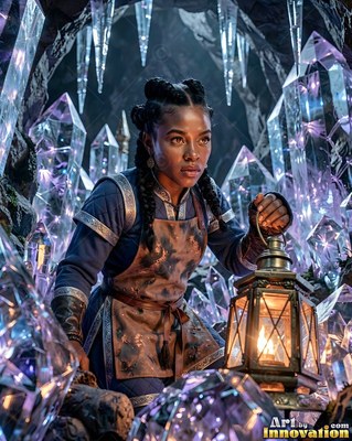 A braided Black woman in a blue tunic holds a lantern inside a cave of purple crystals