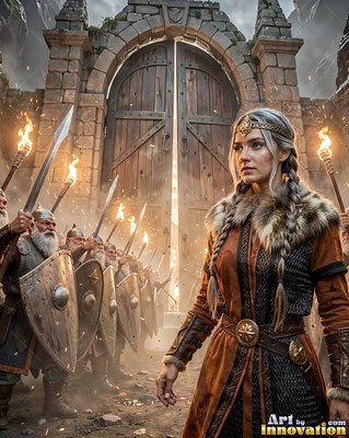Outside stone gates, a braided woman leads dwarven warriors holding torches