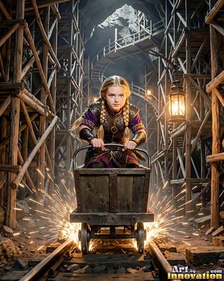 Riding a mine cart down wooden tracks, a blonde dwarf woman grips the bar as sparks fly