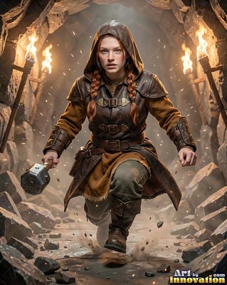 A hooded woman runs through a stone tunnel with a hammer