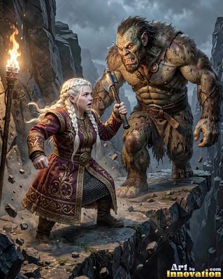 A blonde dwarf woman raises an axe against a troll on a cliff by warm torchlight