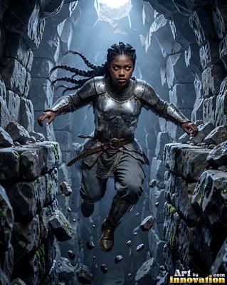 Falling through a stone shaft, a woman in steel plate armor drops downward