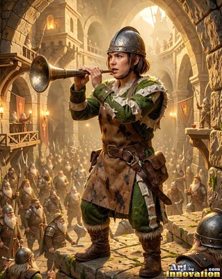 A woman blows a metal horn above a stone courtyard filled with soldiers