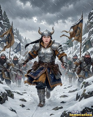 In a snowy mountain pass, an armored woman charges forward in steel plate
