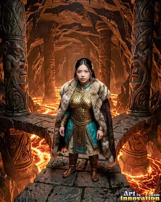 Standing on a stone walkway, a woman in gold armor pauses above rivers of lava
