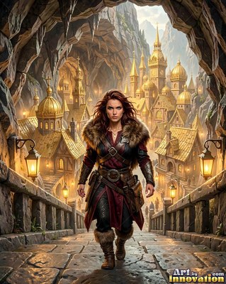 A woman in fur and leather walks out of a golden mountain city