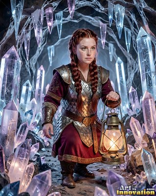 Red braids frame a woman holding a lantern in a cavern of pointed crystals