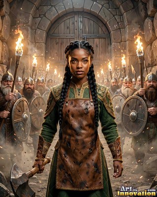A woman stands holding an axe before an army in warm torchlight