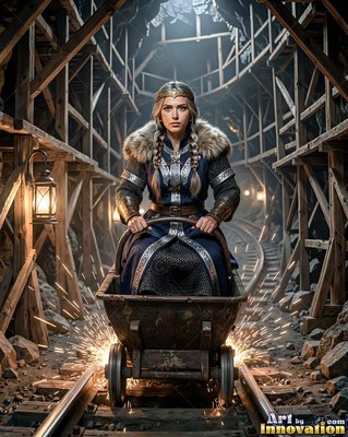 Riding forward in a mine cart, a blond woman speeds down rails in a wooden tunnel