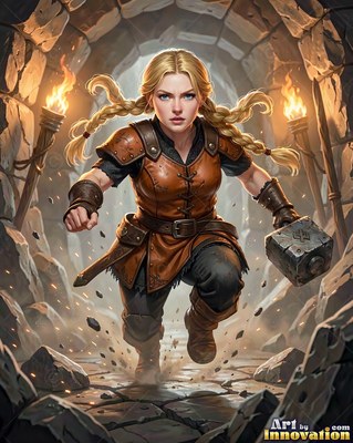 A blonde woman in brown armor runs down a stone tunnel holding a hammer
