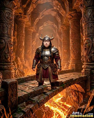 In a stone hall above molten rock, an armored dwarf woman stands on a narrow bridge