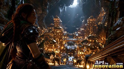Armored woman looking out over a golden cave city