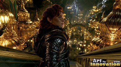 Braided red hair frames a dwarven woman looking over an underground golden city