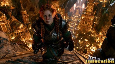 A dwarven woman climbs stone stairs above a cavern city lit with warm yellow lanterns