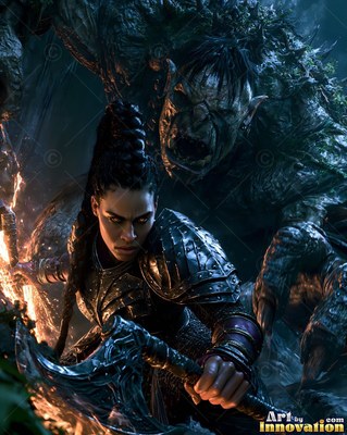 Crouching in dark woods, an armored woman grips an axe before a beast