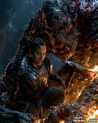 A braided woman in steel plate armor fights a rocky monster with a hammer