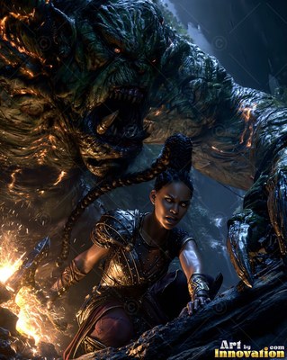 In a dark cave, a braided woman in armor crouches below a roaring green monster