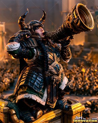 Blowing a heavy war horn, an armored dwarf woman stands in a horned helmet above an army