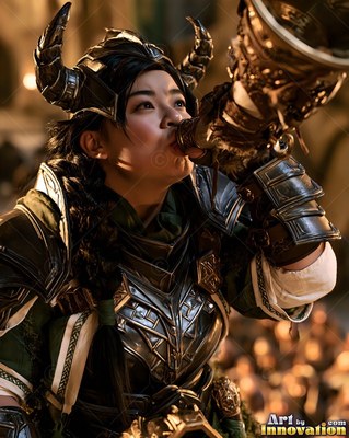 A woman in dark armor and a horned helmet blows a horn