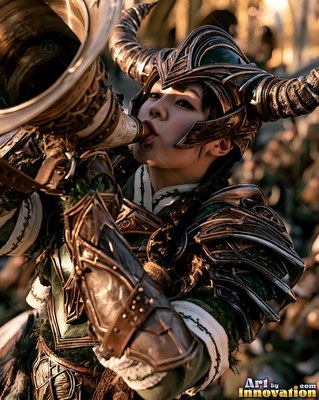 In a horned steel helmet, a dwarven woman in green armor blows a wide battle horn outdoors