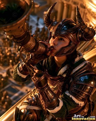 A woman wearing a horned helmet blows into a metal horn under warm amber light