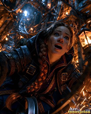 Looking up from below, a braided woman rides a mine cart through dark tracks