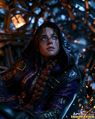 A hooded young woman looks up in a dark mine cart while sparks fly past