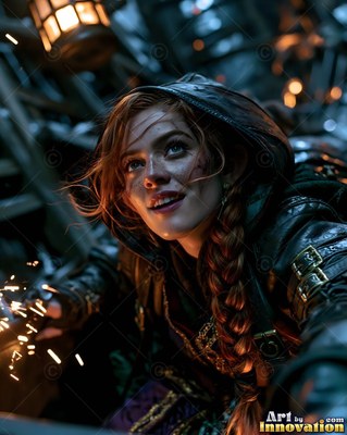 In a dark mine, a smiling hooded woman with red braids watches sparks fly