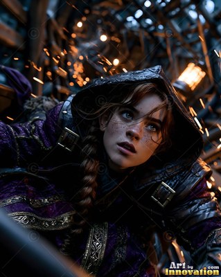 Looking up under wooden beams, a hooded woman in purple climbs through sparks