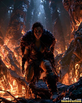 A woman crouches in fur on a stone ledge over fiery lava