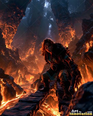 Fur cloak draped on her shoulders, a woman crouches over molten lava in a dark cave