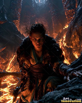 A woman climbs dark mountain rocks above bright orange lava flows