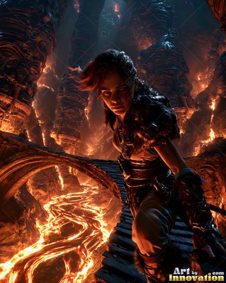 Leaning forward on a stone bridge, an armored woman watches lava below