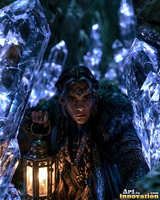 A dwarven woman holds a lantern in a dark cave of blue crystals