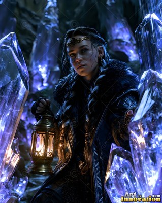 In a cave of purple crystals, a braided woman holds a lit brass lantern