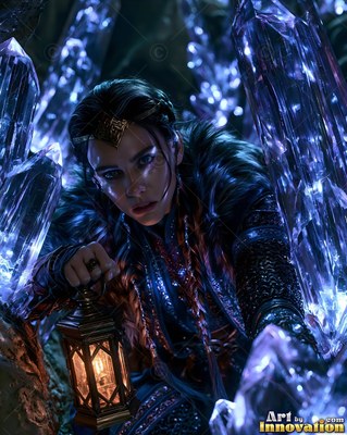 Holding a small lantern, a woman kneels between tall blue crystals