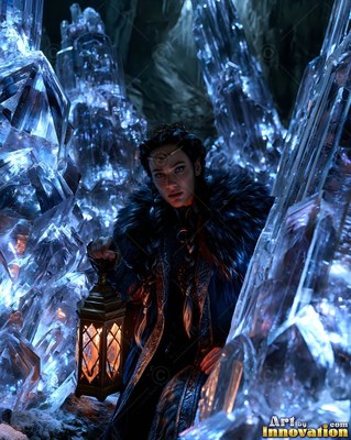 A woman holding a lantern sits between large blue crystals