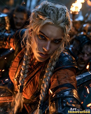 Braided blonde hair frames a fierce woman in leather armor reaching forward at night