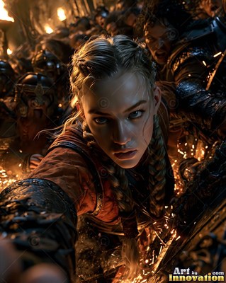 A braided woman reaches forward in battle as sparks fly from dark armor
