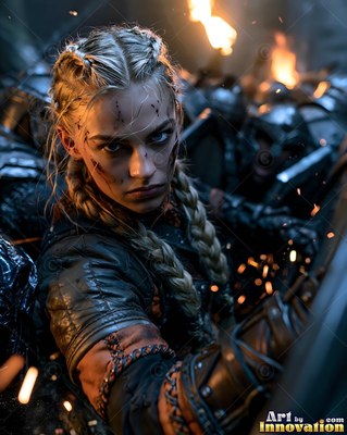 Crouching low in a dark battlefield, a blonde warrior woman glares forward