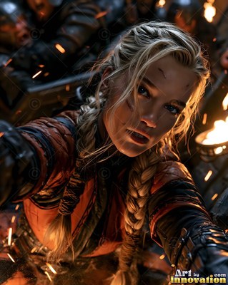 A blonde woman with braided hair reaches forward in red armor by torchlight