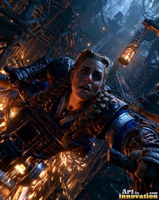 In a dark mine, a braided blonde woman in blue armor rides a speeding cart