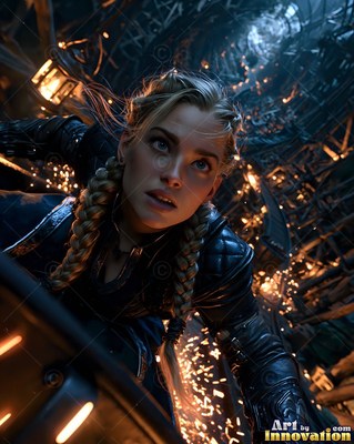Looking up with wide eyes, a blonde braided woman leans forward in dark armor