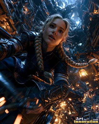 Blonde woman with braided pigtails riding a mine cart down a dark shaft