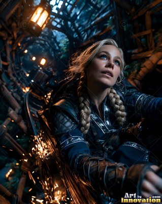 Braided blonde hair frames a woman riding a mine cart down a dark wooden tunnel