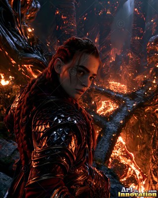 A woman in plate armor looks back over her shoulder in warm light from lava below