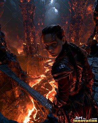 Looking back over her shoulder, an armored woman stands above a lava cavern
